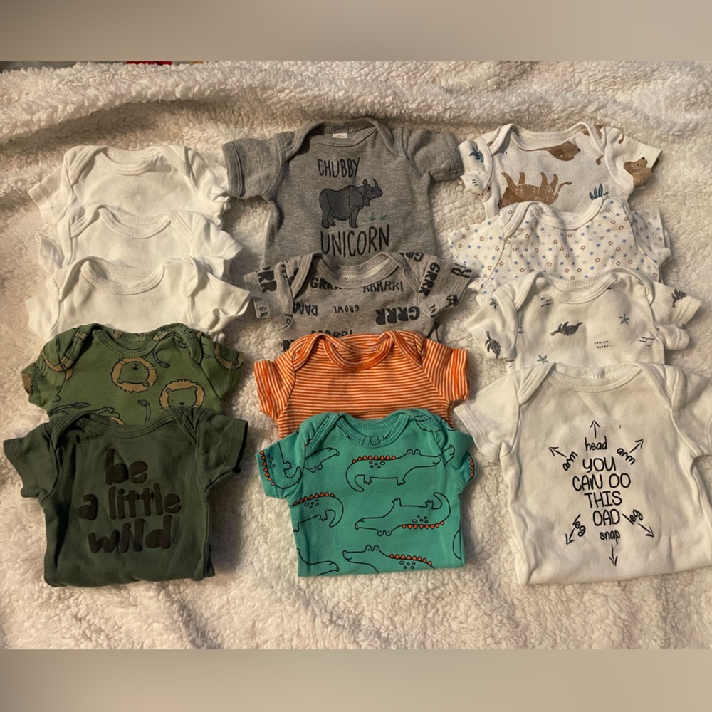 13 newborn size onesies, smoke free home and all in great condition.